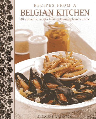 Cookbook cover featuring mussels, fries, and beer in a Belgian setting.