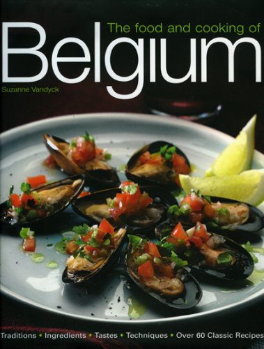 Belgian cookbook with colorful food images and traditional dishes on its cover and pages.