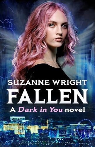 Book cover for “Fallen” featuring a woman with pink hair and a city skyline.