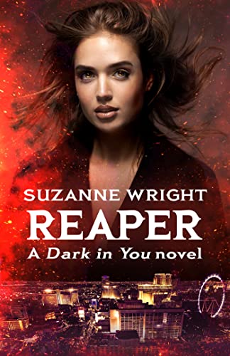 Book cover: woman with windswept hair, city skyline, red and black tones.