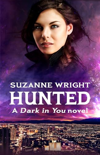 Book cover: woman’s face, city skyline, purple and blue abstract background.