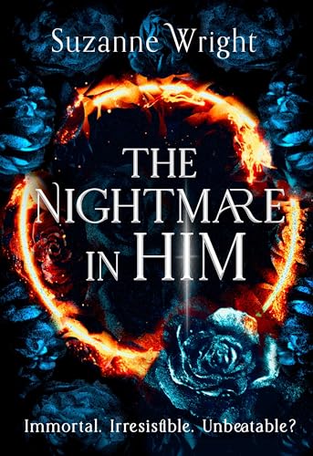 Book cover with flaming circle, dark roses, and title “The Nightmare in Him.”