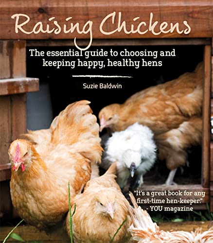Book cover: "Raising Chickens" with image of brown and white hens.