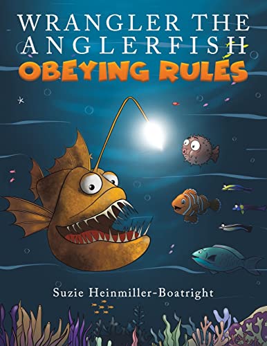 Cartoon anglerfish with glowing lure swims among colorful reef fish.
