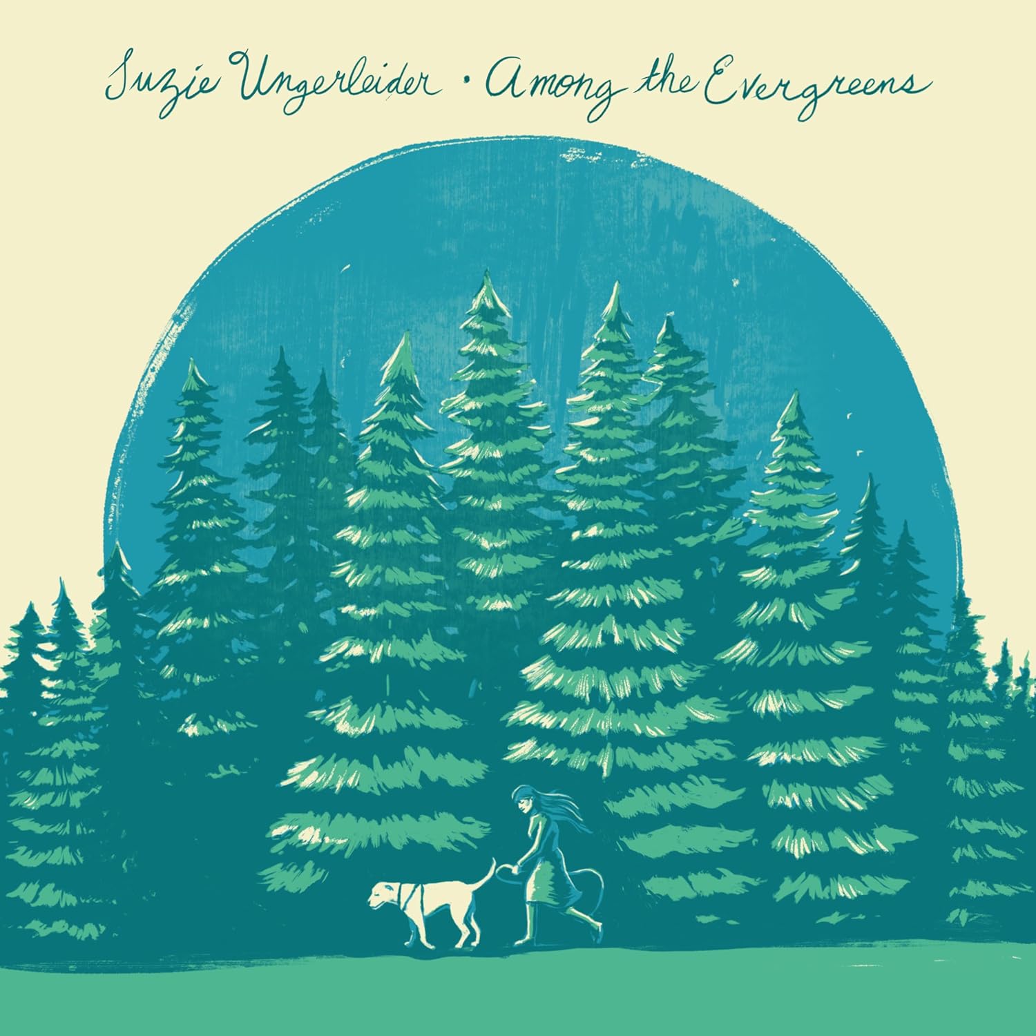 Illustration of a woman walking a dog through a forest of evergreen trees.
