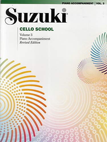 Suzuki Cello School Volume 3 piano accompaniment music book cover with colorful abstract patterns.