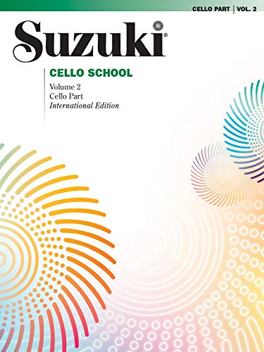 Suzuki Cello School Volume 2 music book cover with abstract colorful circular patterns.