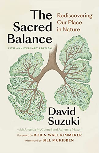 Book cover: "The Sacred Balance" with tree-lung illustration and author name.