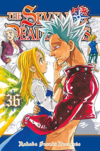 Manga cover featuring Ban and Elaine embracing with other characters in the background.