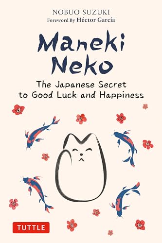 Book cover with a white cat outline, koi fish, and red flowers.