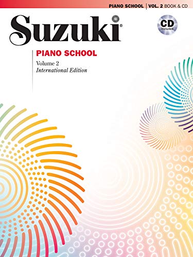 Suzuki Piano School Volume 2 book cover with abstract colorful circular patterns and CD.