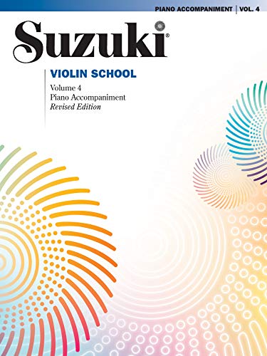 Suzuki Violin School Volume 4 piano accompaniment book cover with colorful radial patterns.
