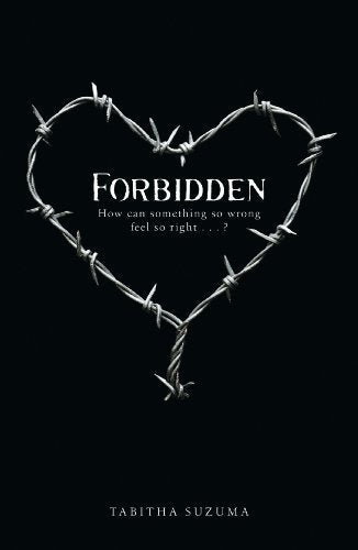 Book cover: "Forbidden" with a barbed wire heart shape, black background.