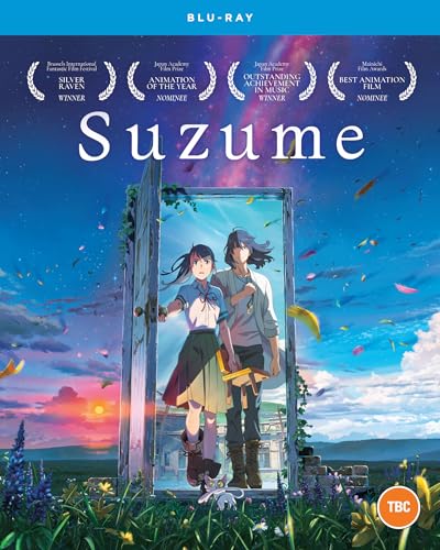 Suzume" Blu-ray cover featuring two young people standing in a doorway.
