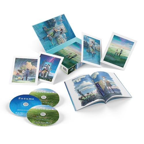 Suzume" Blu-ray limited edition with art cards and booklet displayed.