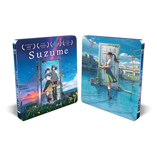 Steelbook Blu-ray case for “Suzume” featuring anime artwork of two figures.