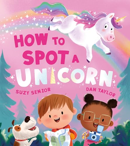 Book cover showing a white unicorn, two children with a map and camera, and dog.
