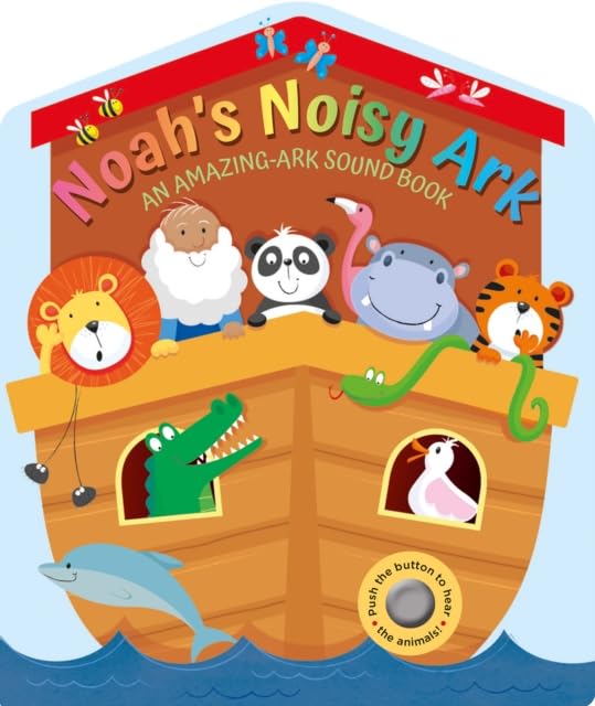 Noah’s Ark shaped sound book with animals and a white bearded man.