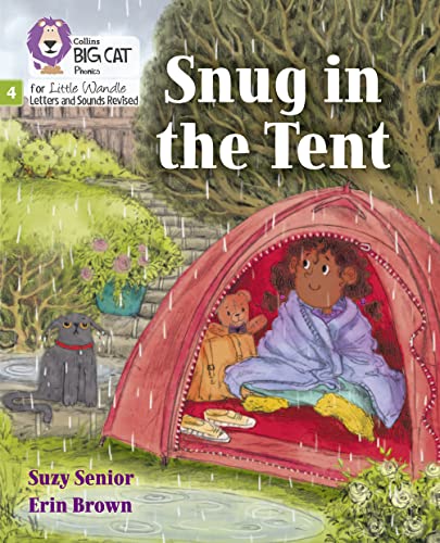 A girl and a teddy bear sit inside a red tent during rain.