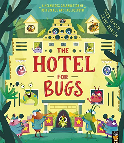 Illustrated book cover featuring a yellow bug hotel with various insects in windows.
