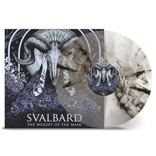 Svalbard album cover showing a horned skull and flowers next to a marbled vinyl.