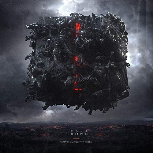 "Dark album cover with wolves forming a cube, glowing red eyes, against a stormy sky."