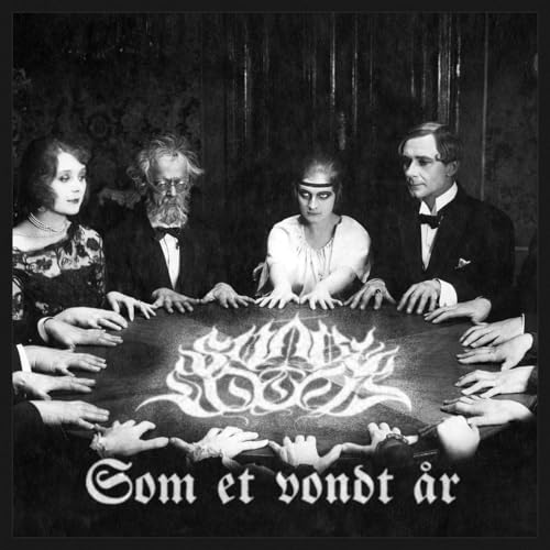Black and white album cover depicting a séance with ornate lettering.