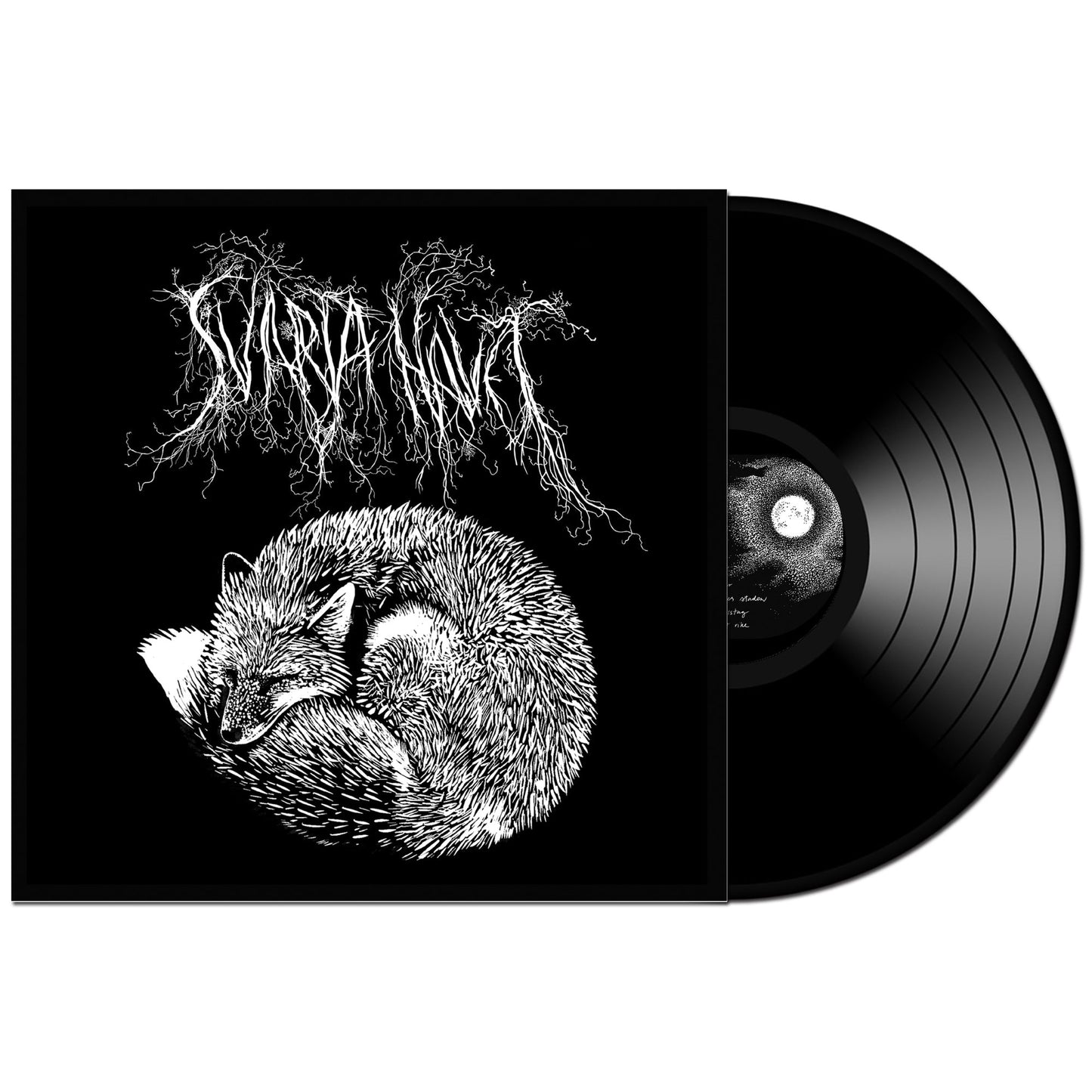 Black and white vinyl record with a cover featuring a curled fox and text.