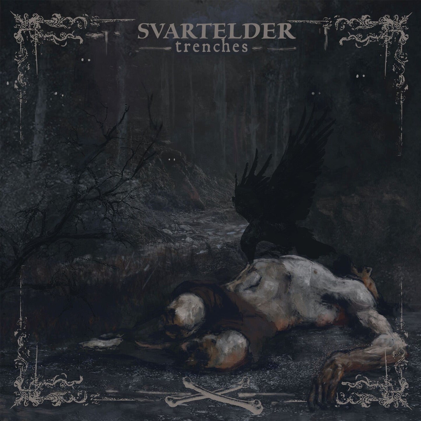 Dark album cover featuring a fallen figure and skeletal remains in a forest.