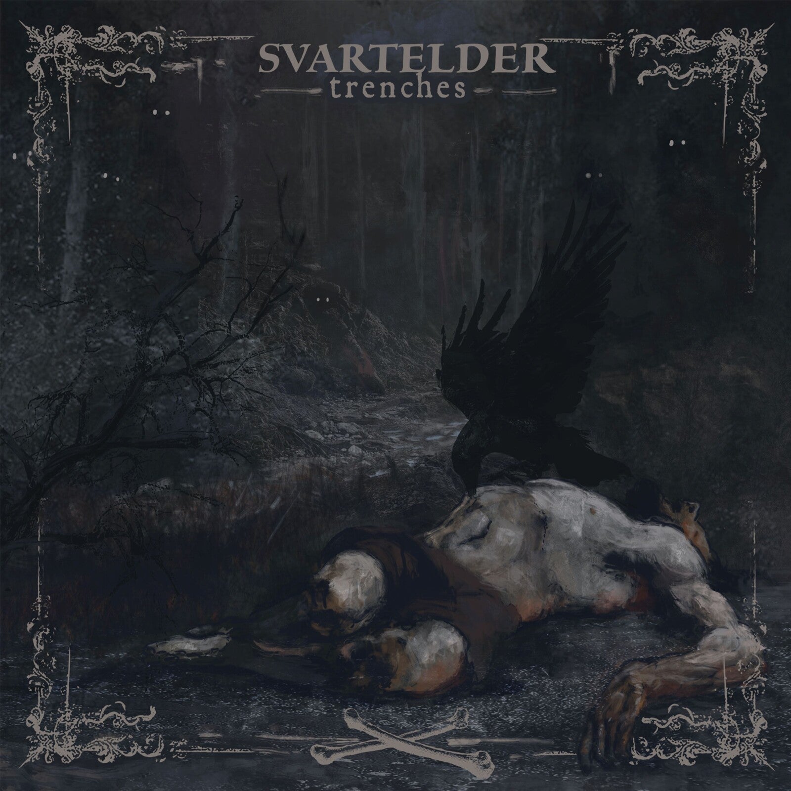 Dark album cover featuring a fallen figure and skeletal remains in a forest.