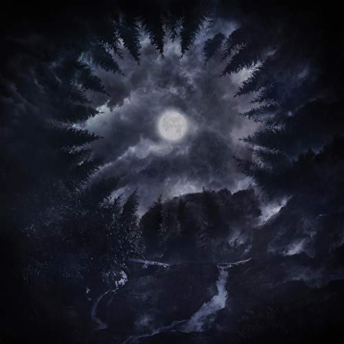 Dark forest scene with a full moon, swirling clouds, and silhouetted trees.