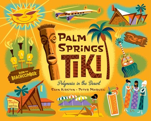 Retro-style illustration of Palm Springs Tiki culture with a tiki mask and mid-century details.