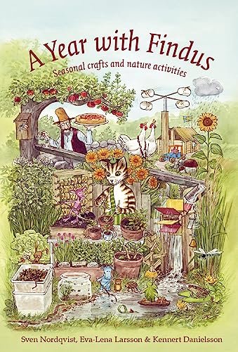 Book cover illustration of Pettson and his cat Findus gardening in a lush landscape.