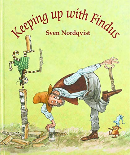 Book cover featuring an old man and a cat balancing on wooden logs.