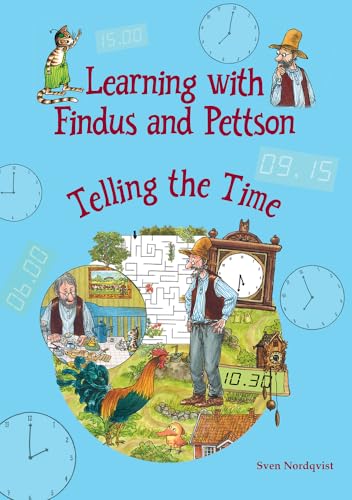Book cover with cat, man, clocks, and a rooster, teaching time.