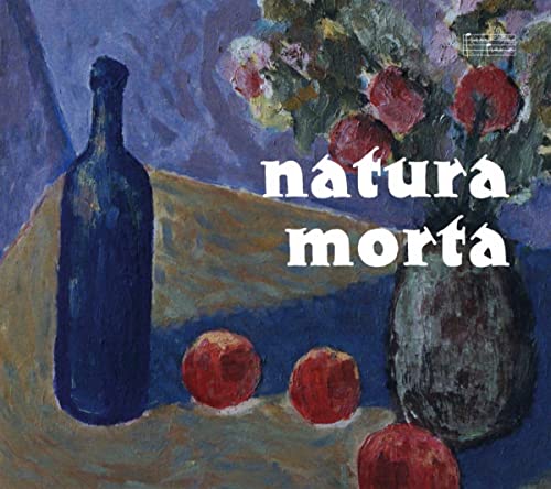 Impressionist painting of a blue bottle, red apples, and a vase with flowers.