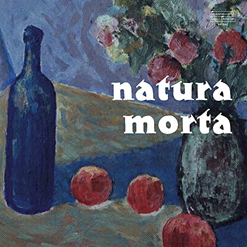 Still life painting of bottle, vase with flowers, and fruit on a table.