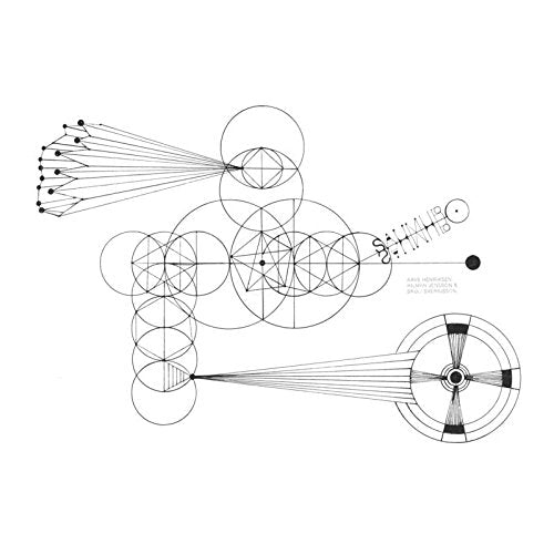 A black and white abstract album cover featuring geometric shapes and lines on a white background.
