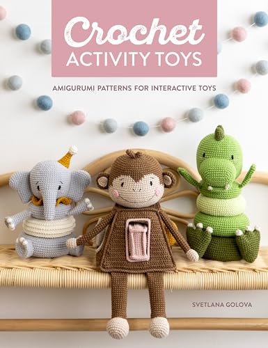 Book cover featuring crocheted elephant, monkey, and dinosaur toys on a rattan bench.
