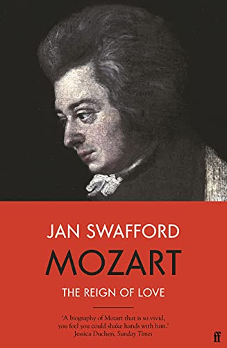 Portrait of Mozart in a powdered wig, book cover with red background.