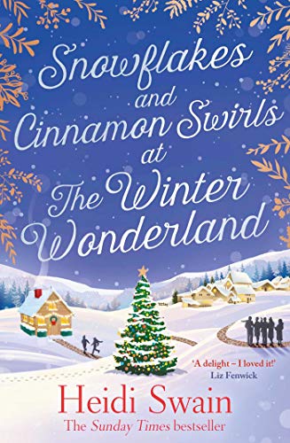 Book cover with winter scene, snowy village, and Christmas tree.