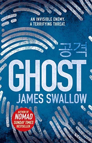 "Book cover of 'Ghost' by James Swallow, blue background, white fingerprint pattern."