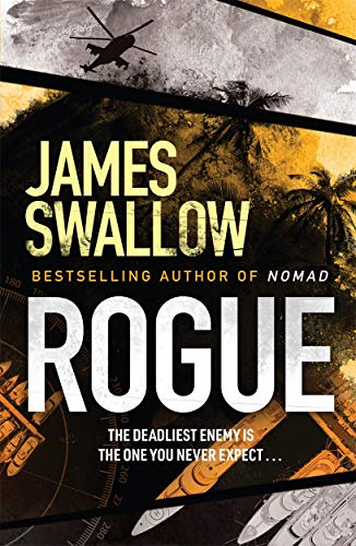 Book cover for "Rogue" with text, a helicopter, and map background.