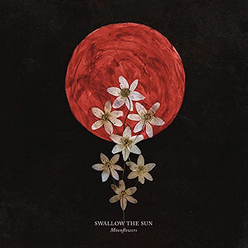 Red moon with white flowers, album cover for Swallow The Sun’s Moonflowers.