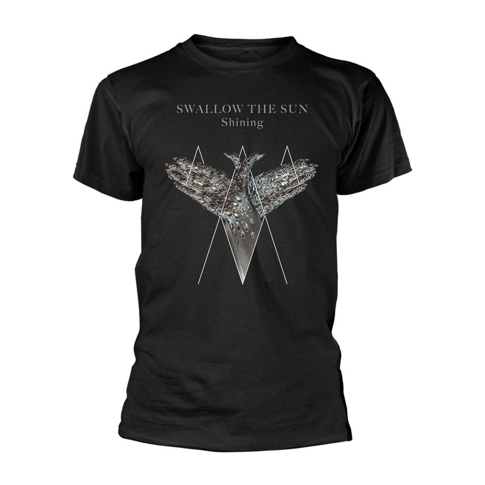 Black t-shirt with a white moth and band logo design.