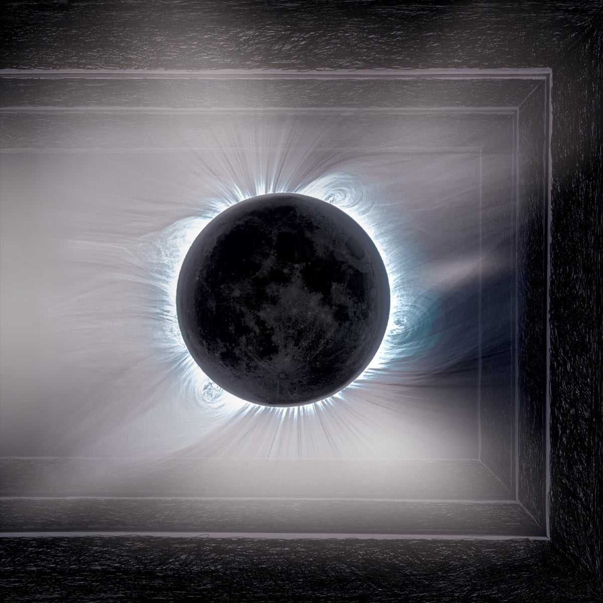 Dark solar eclipse with radiating light, framed by a geometric shape.