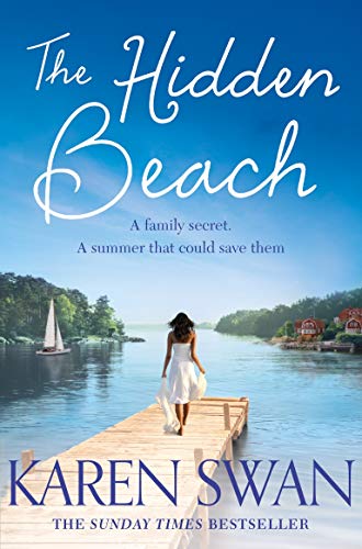 Book cover: woman on pier, lake view, title "The Hidden Beach".