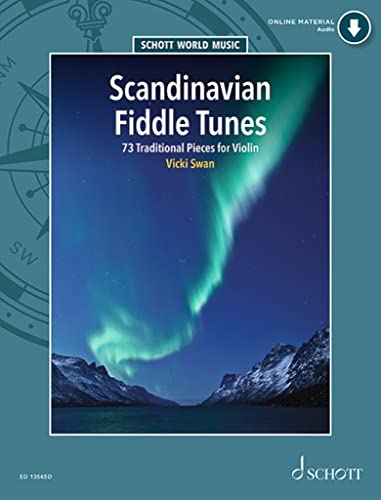 Sheet music cover: "Scandinavian Fiddle Tunes" with aurora borealis image.
