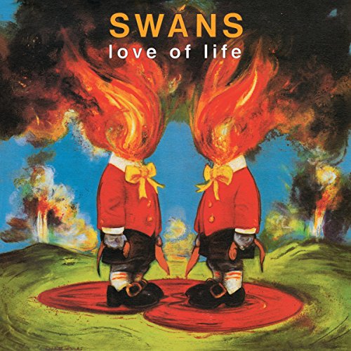 Album cover for Swans’ “Love of Life” featuring burning figures in red coats.