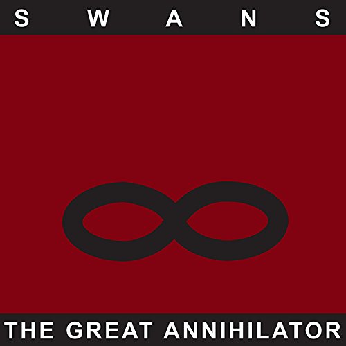 Album cover with red background, black infinity symbol, and white text Swans and title.